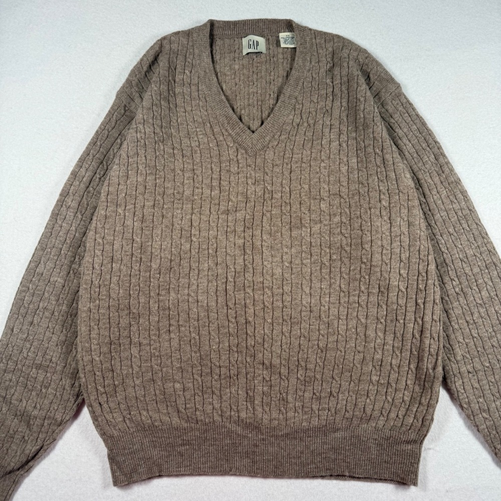 Vintage GAP Mens XS Lambswool Cable Knit V-Neck Sweater Taupe Brown
